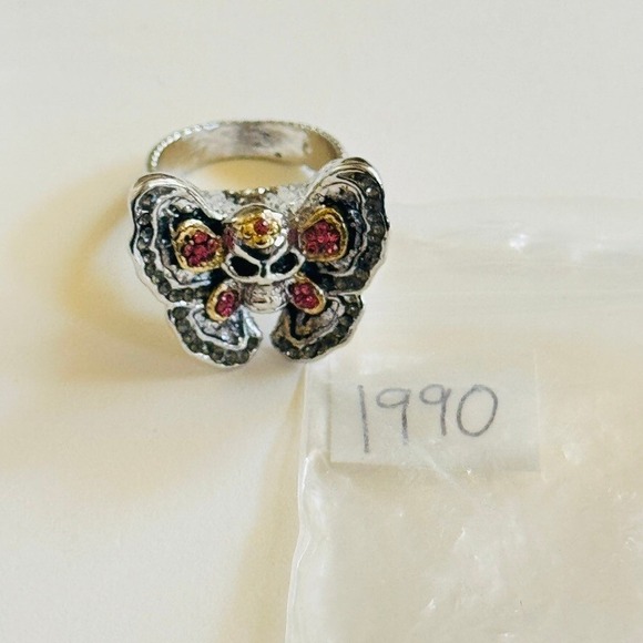 Evbea Gothic Skull Cocktail Ring Butterfly Biker Statement Chunky Silver pink - Picture 8 of 8